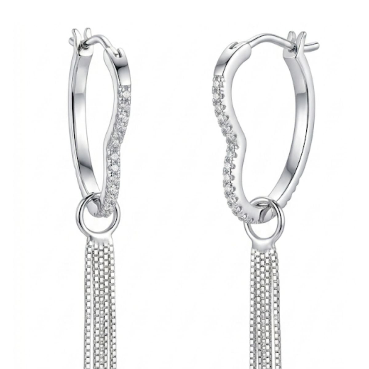 Brinco Argola Click Coração com Franja em Prata 925