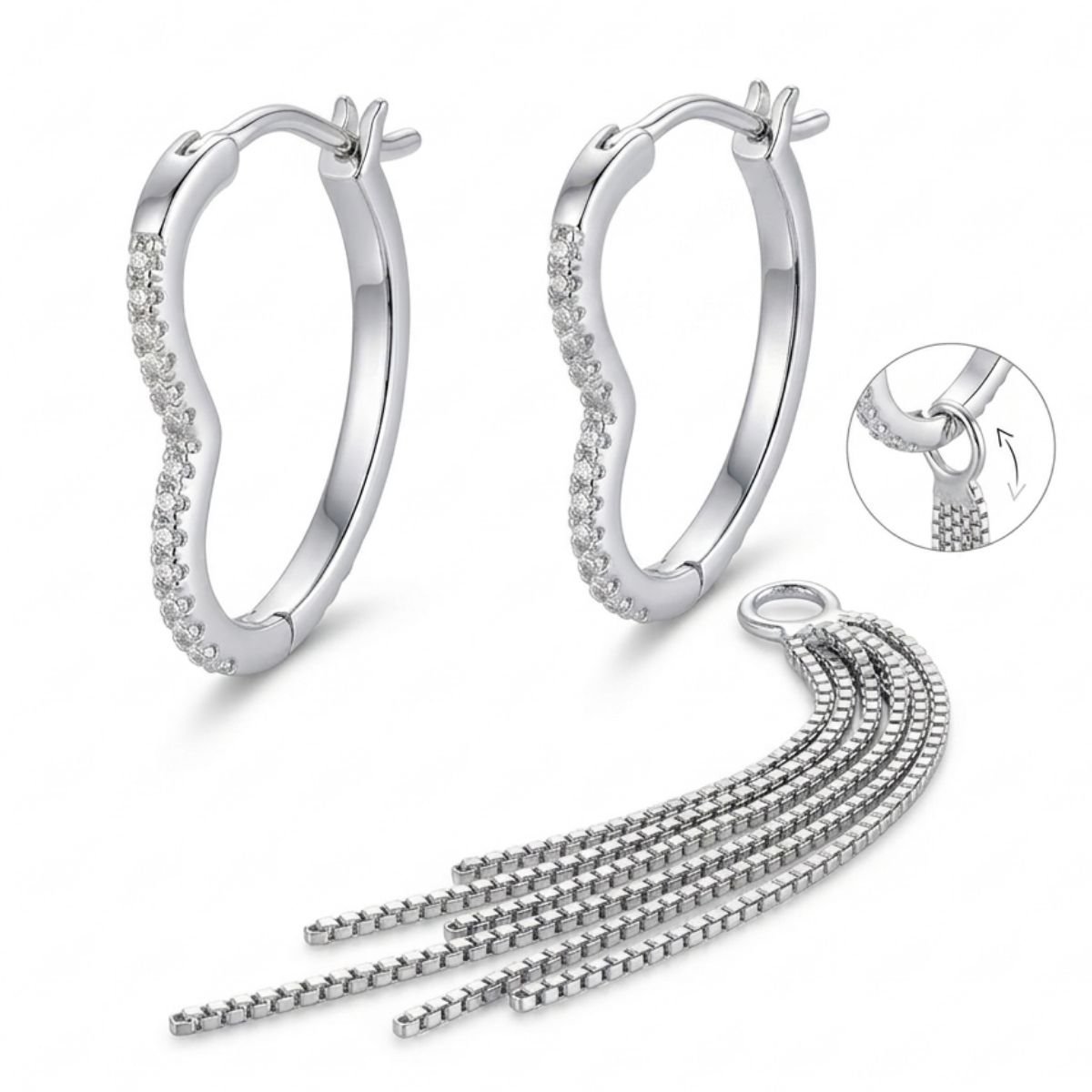 Brinco Argola Click Coração com Franja em Prata 925