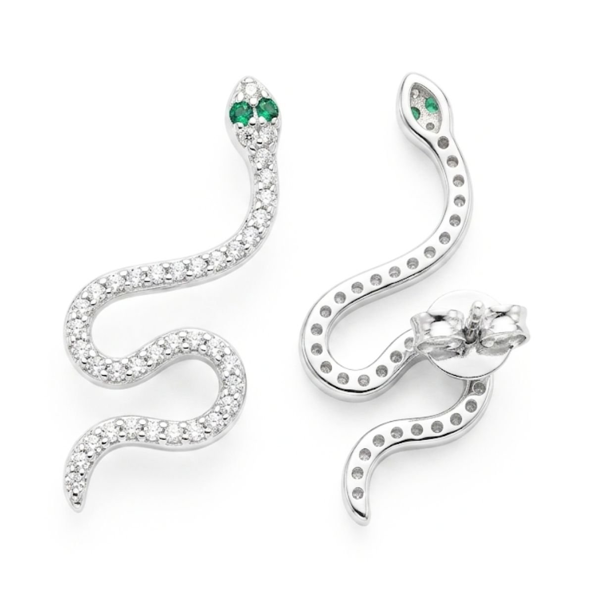 Brinco Ear Cuff Serpente Cravejado Olhos Verdes em Prata 925