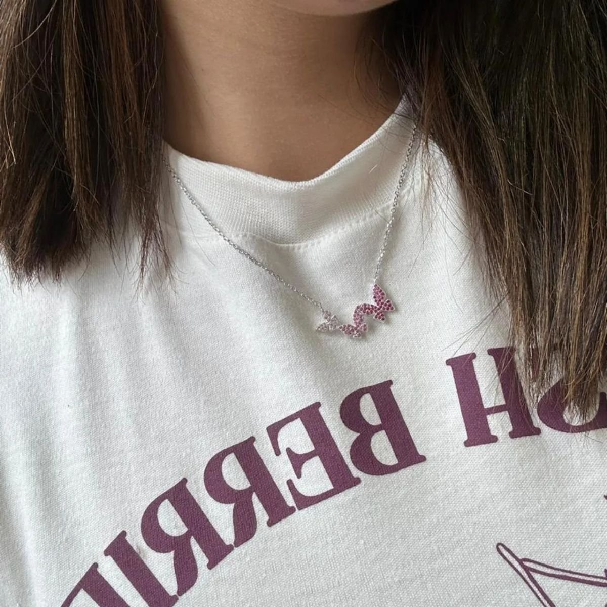 Colar Borboletas Degradê Rosa Cravejado em Prata 925