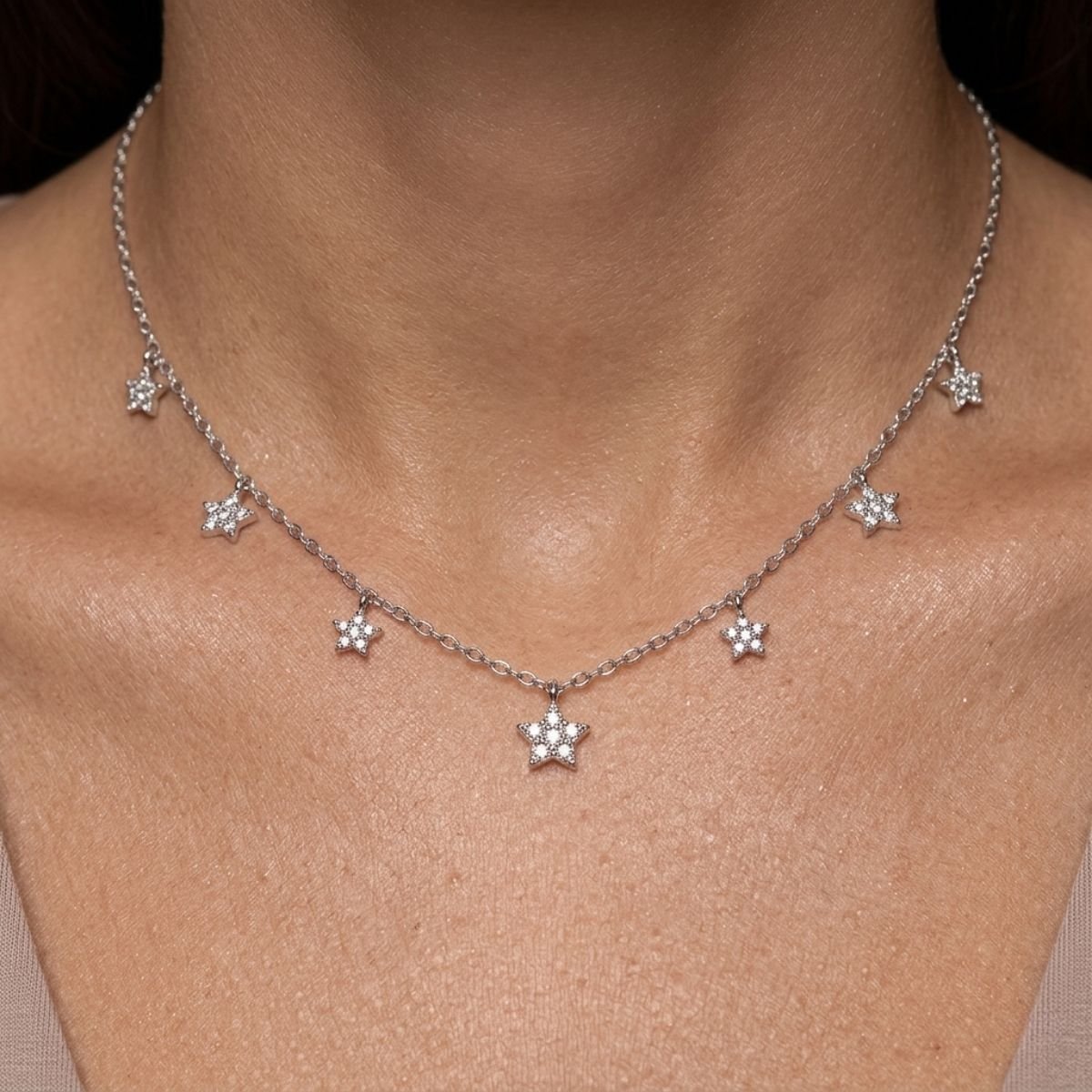 Colar Choker Estrelas Pendentes Cravejadas em Prata 925