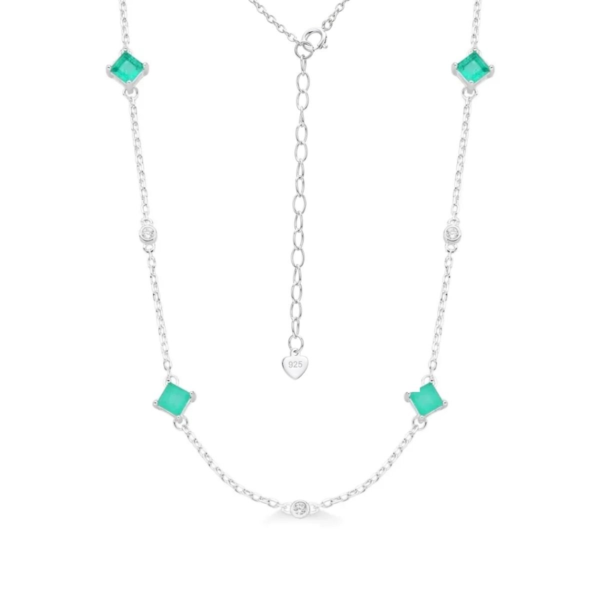 Colar Jade Pedras Quadradas e Pontos de Luz em Prata 925
