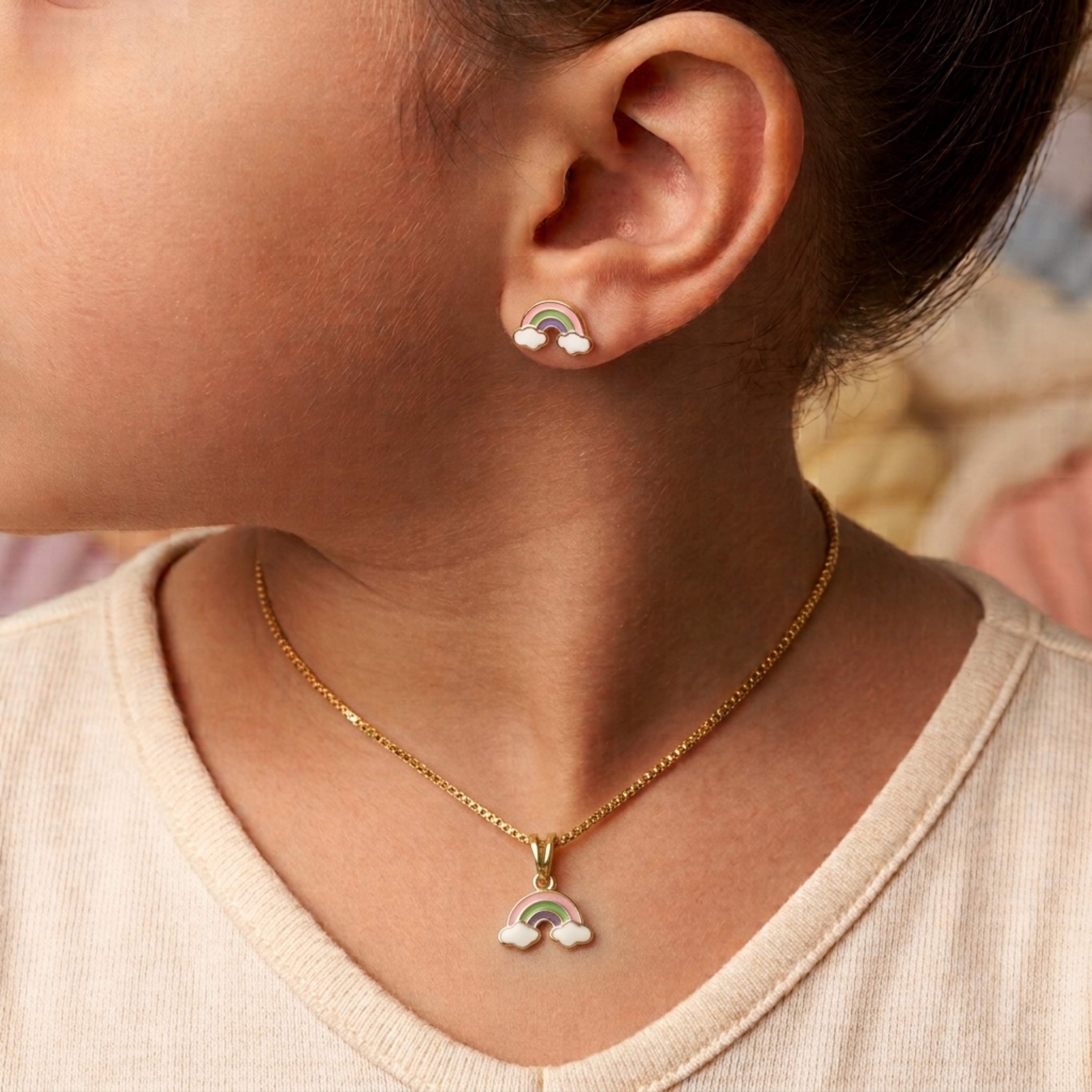 Conjunto Infantil Arco-Íris Esmaltado Folheado a Ouro 18K