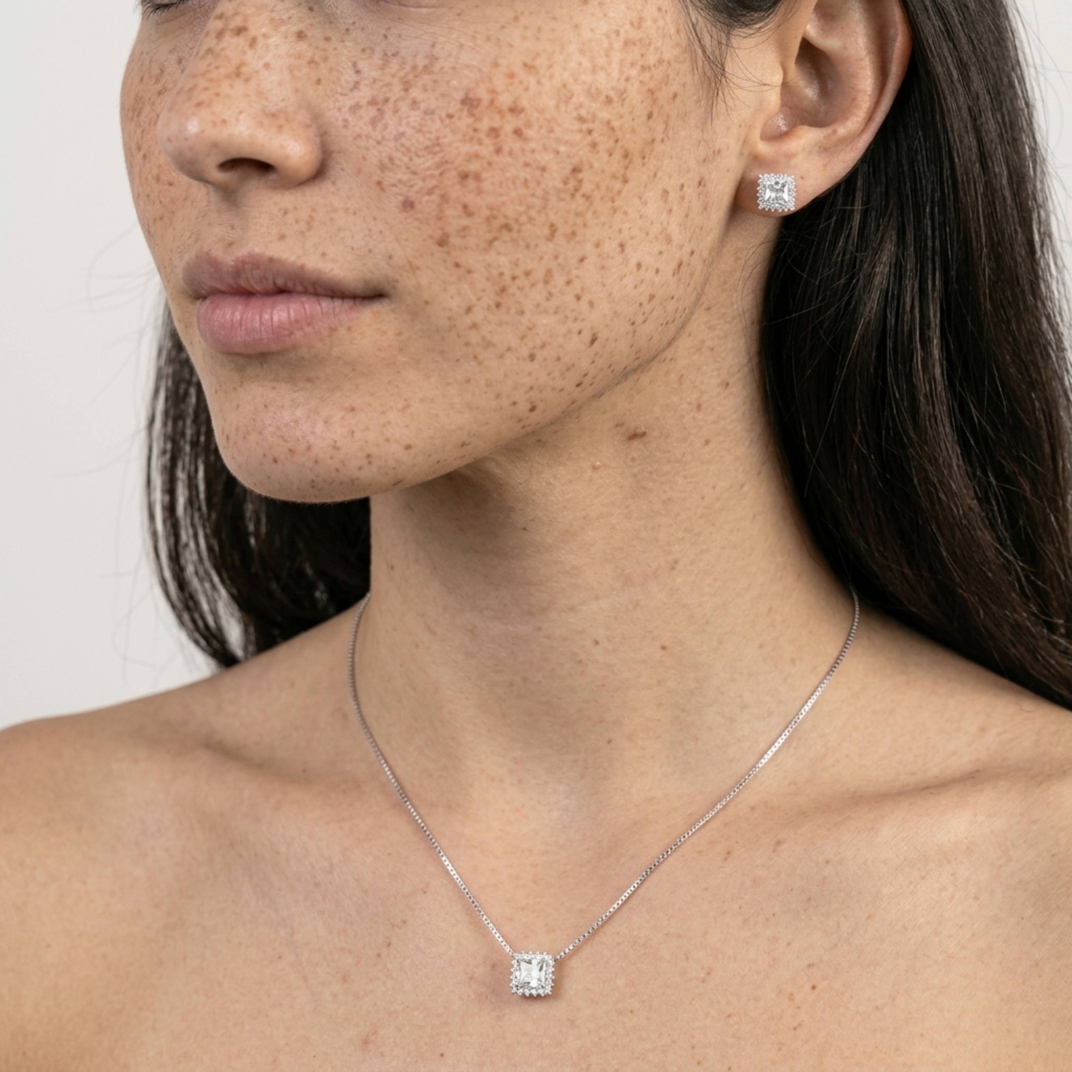 Conjunto Quadrado Zircônia Princess Halo em Prata 925