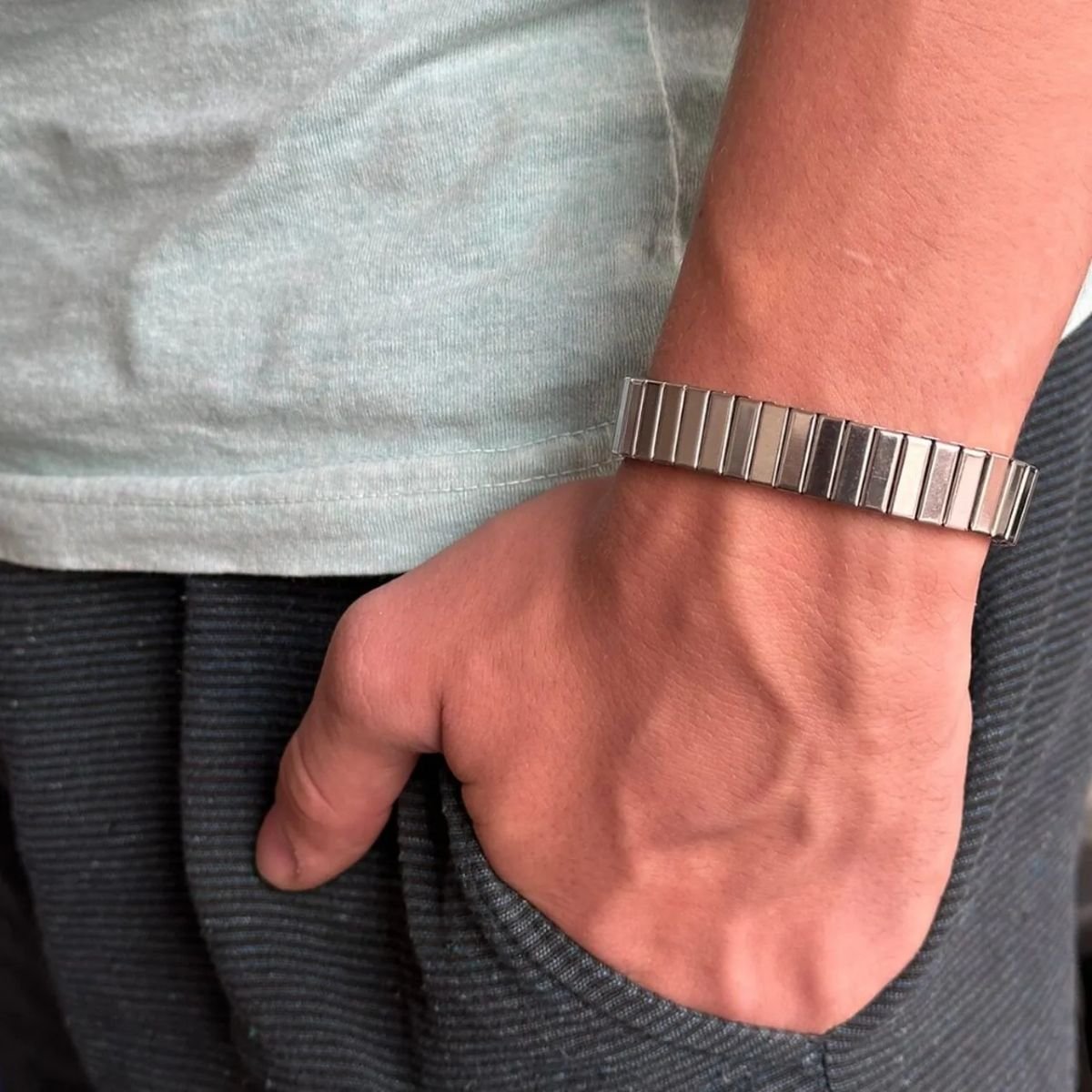 Pulseira Masculina Esteira Plana Expansível em Aço Hipoalergênico