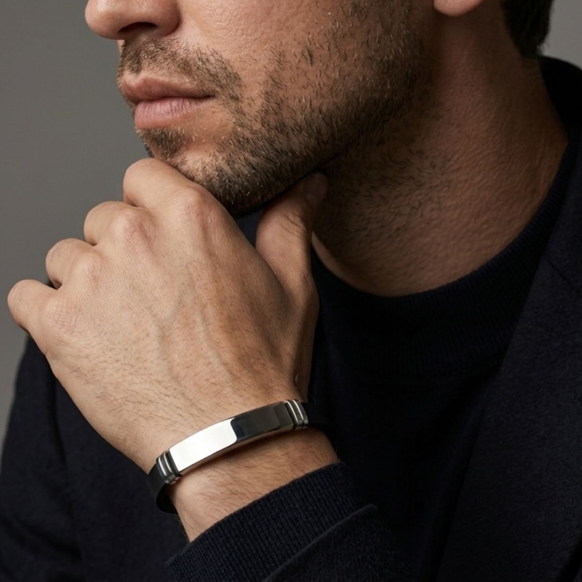 Pulseira Masculina Placa em Silicone e Aço Inoxidável 316L