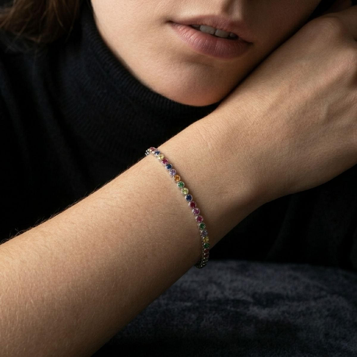 Pulseira Riviera Colorida 3mm em Prata 925